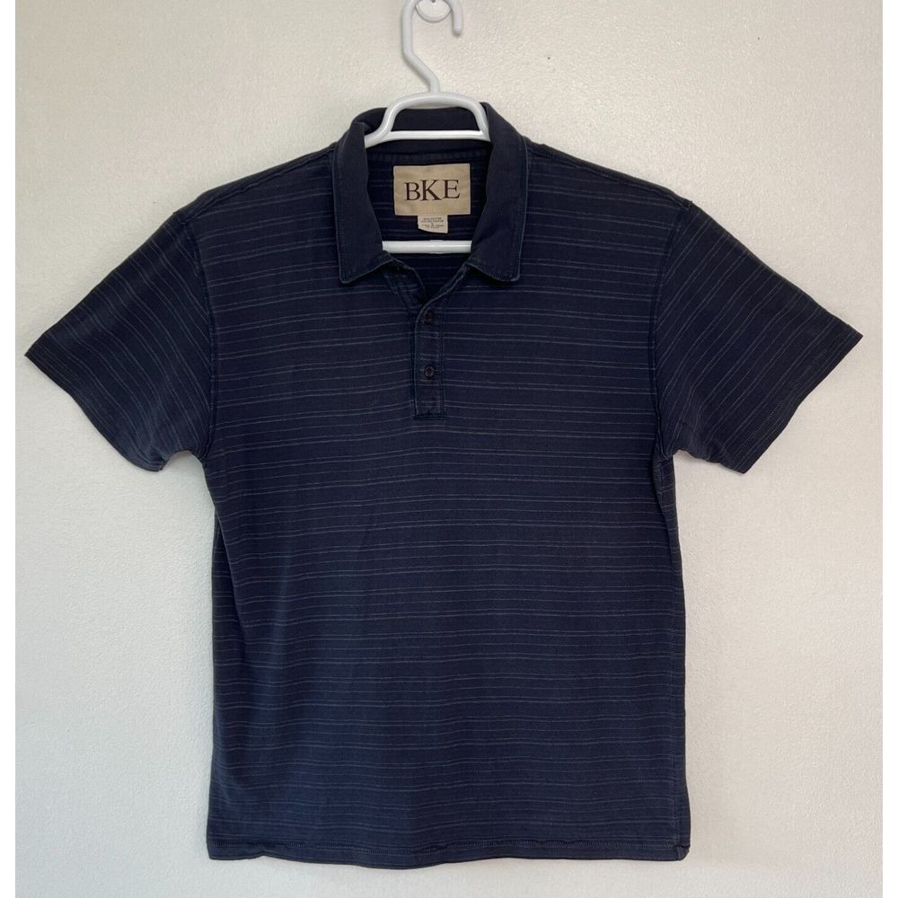 BKE‎ Buckle Polo Shirt Mens Large Dark Blue Striped Short Sleeve Lightweight